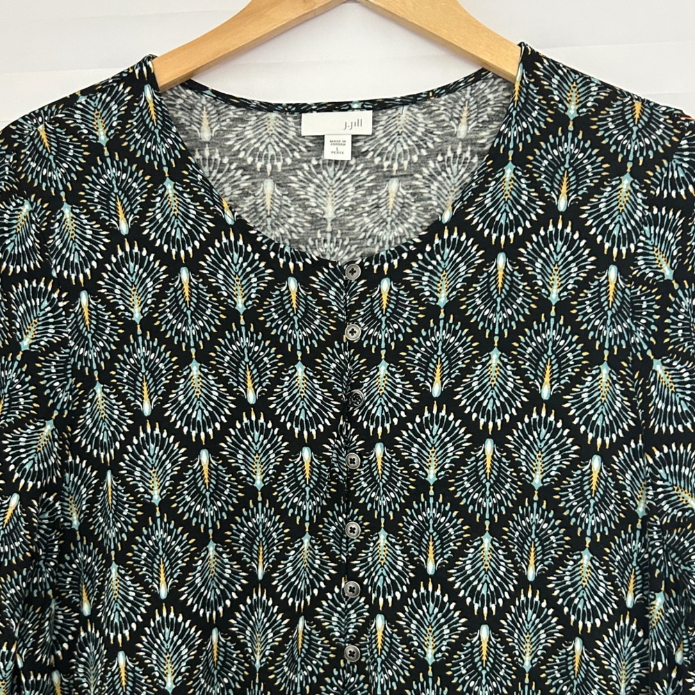 J. Jill Petite Large Peacock Print Henley Tunic Top Teal Black 3/4 Sleeve Rayon - Picture 3 of 10